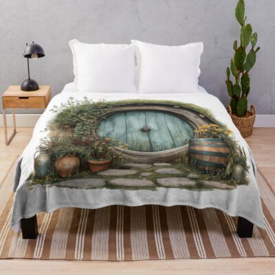 Halfling Round Door In Watercolor Fantasy Throw Blanket