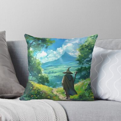 Unexpected Journey Ghibli Inspired Fantasy Art Hobbit Landscape Illustration Throw Pillow